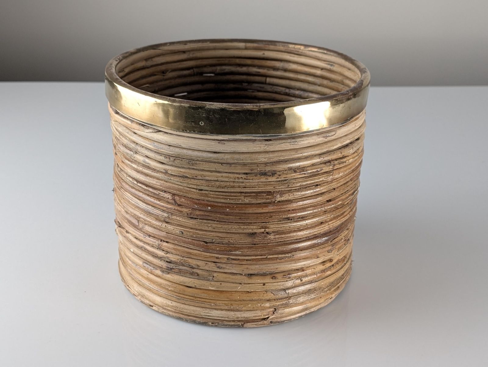 Mid Century Italian Planter In "Pencil Reed" Rattan And Brass, 1970s photo for sale