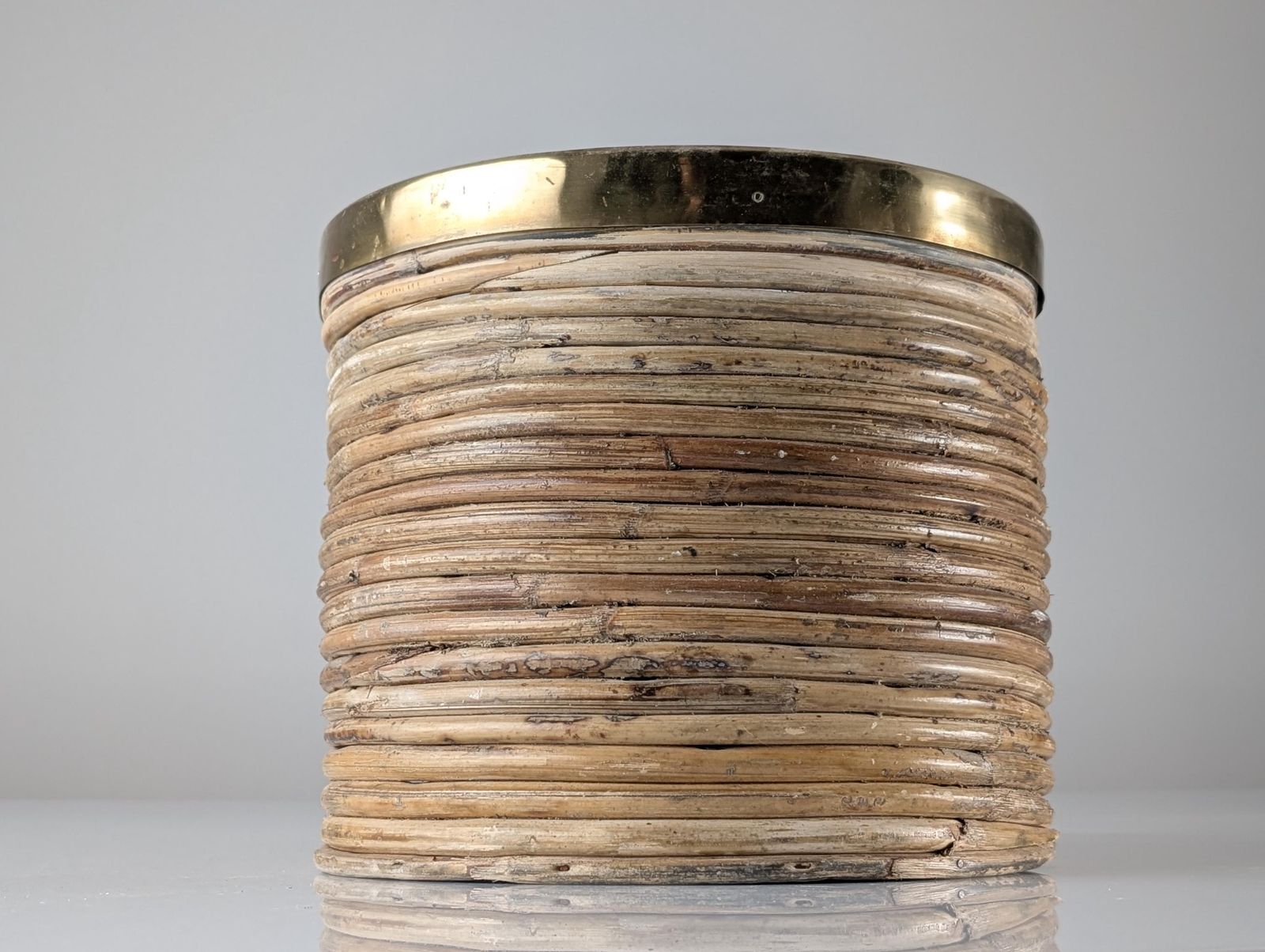 Mid Century Italian Planter In "Pencil Reed" Rattan And Brass, 1970s photo 410.0