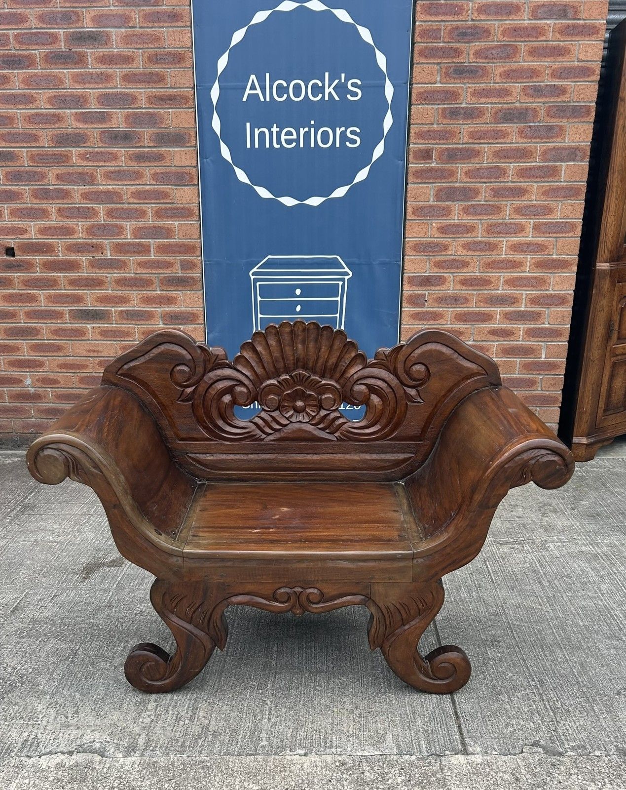 Vintage Solid Hardwood Balinese Carved Splay Arm Settle Hall Bench Seat