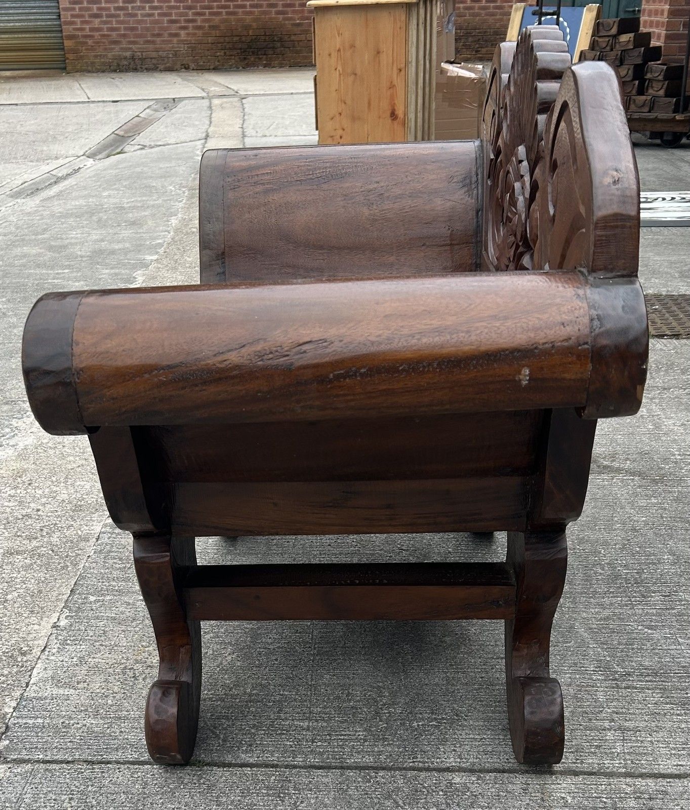 165.0 Vintage Solid Hardwood Balinese Carved Splay Arm Settle Hall Bench Seat photo