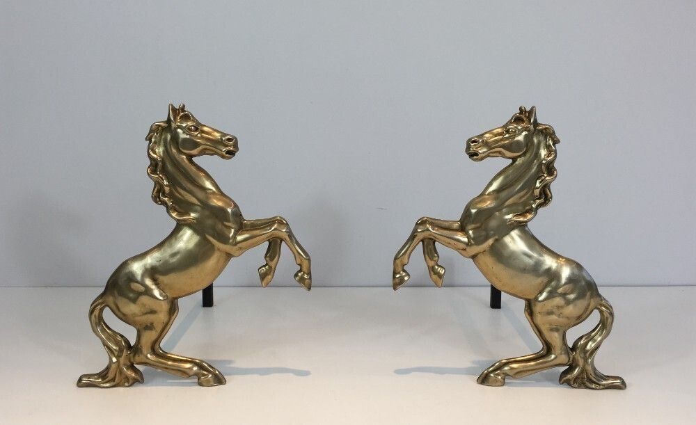 Pair Of Brass Horses Andirons. French. Circa 1970