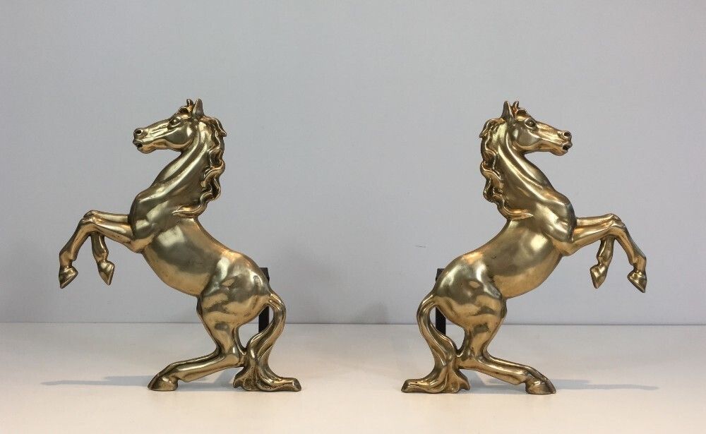 Pair Of Brass Horses Andirons. French. Circa 1970 photo furniture