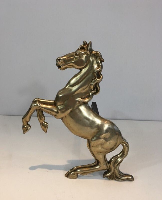 Pair Of Brass Horses Andirons. French. Circa 1970 photo vinterior