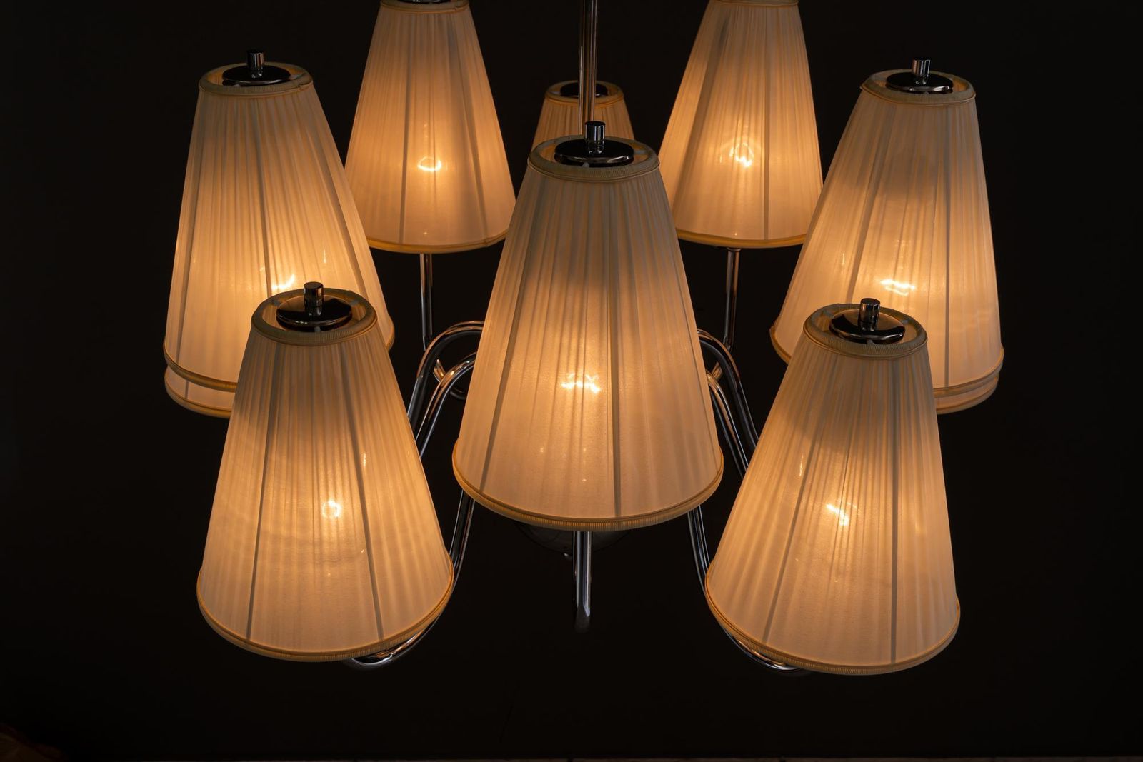 photo for sale Big Art Deco Chrome Chandelier With Fabric Shades Around 1920