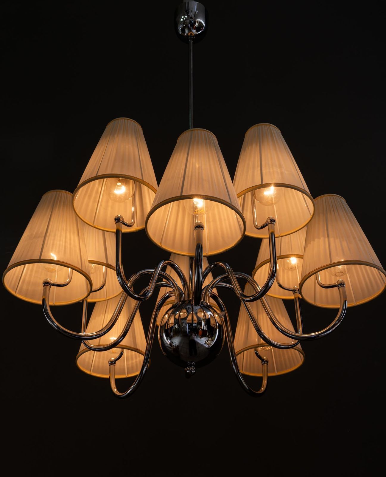 Lighting Big Art Deco Chrome Chandelier With Fabric Shades Around 1920 photo