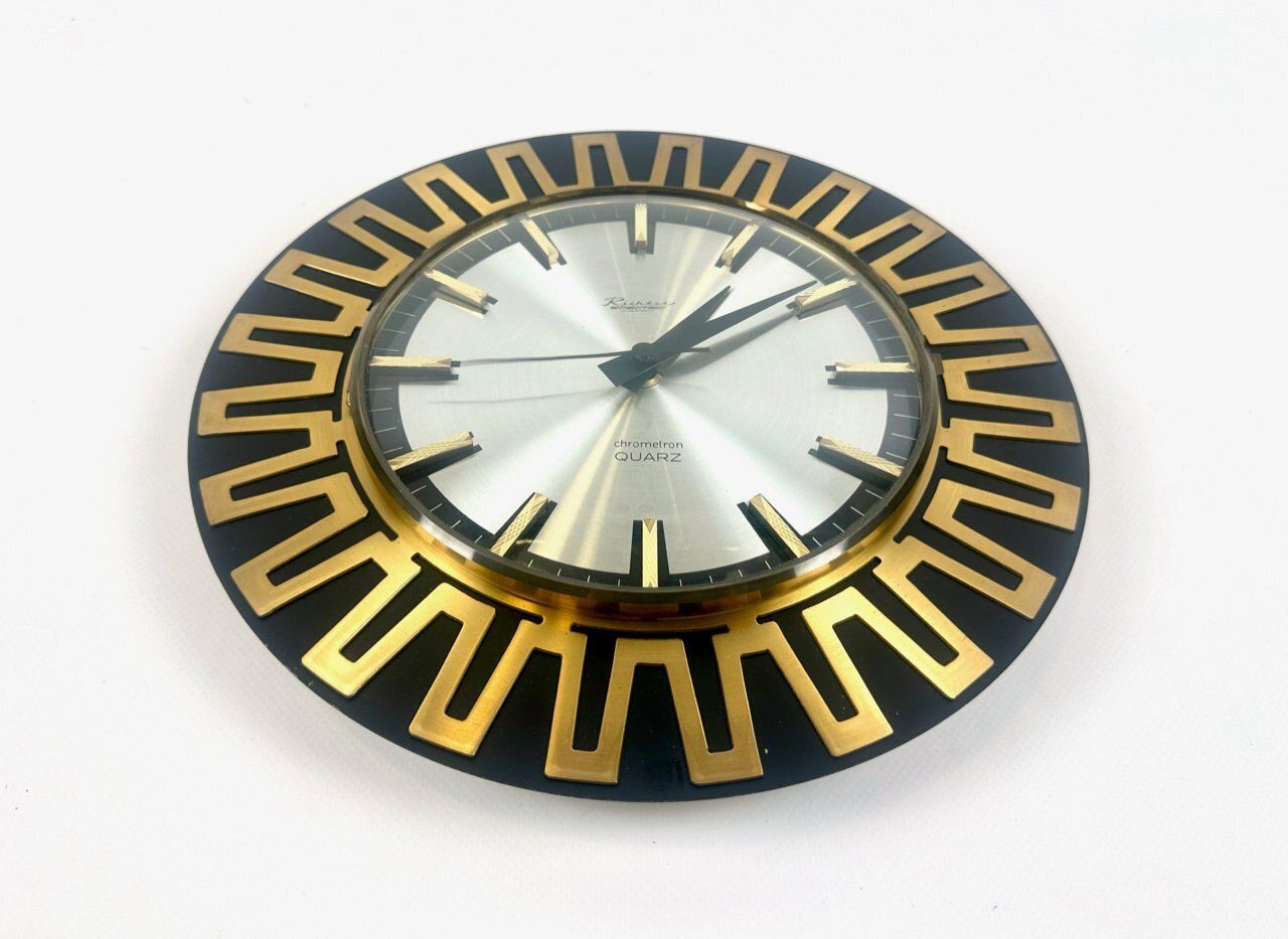 Mid Century Modern Sunburst Wall Clock In Brass Chrometron From Richter Electric, 1960s photo furniture