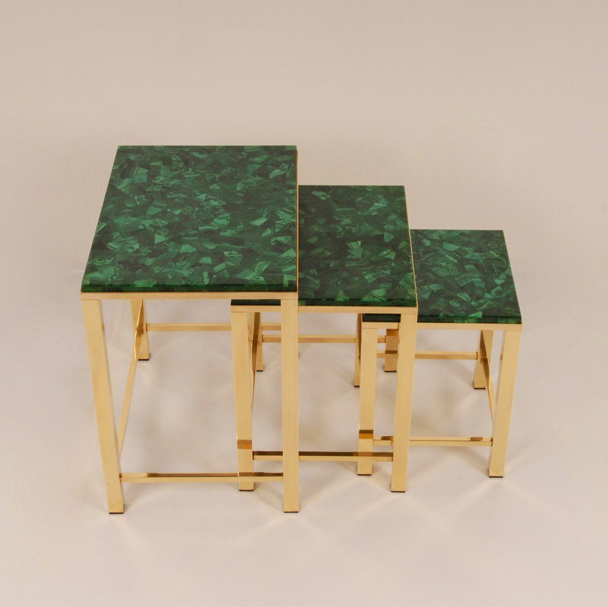 photo for sale Mid Century Modern Nesting Tables In Malachite And Gold Gilt Brass, 1970s, Set Of 3