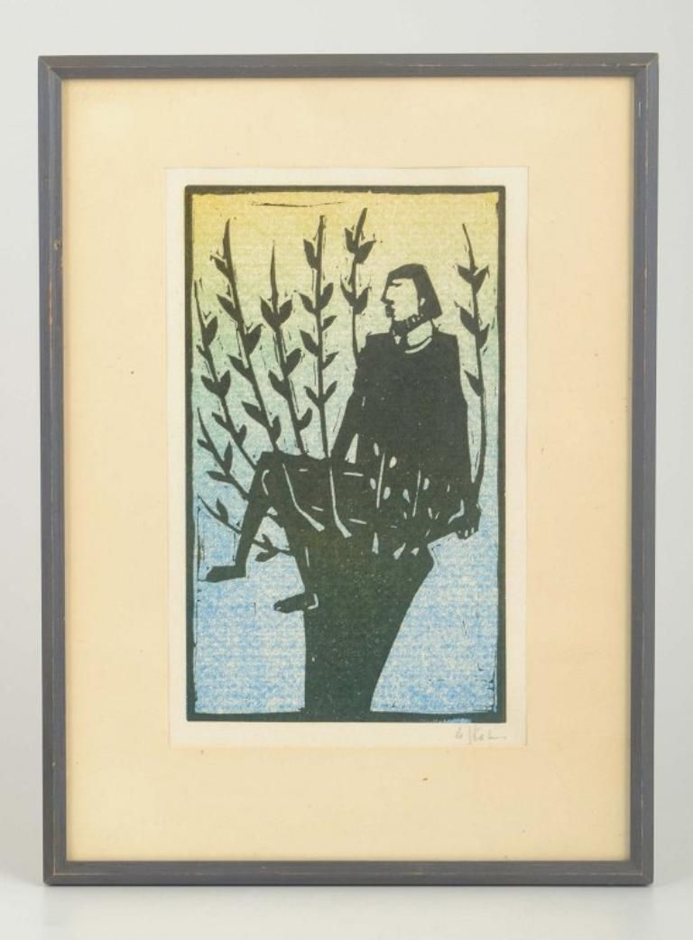 åke Holm. Color Woodcut On Paper. Composition With Man In Tree. Mid 20th C photo furniture