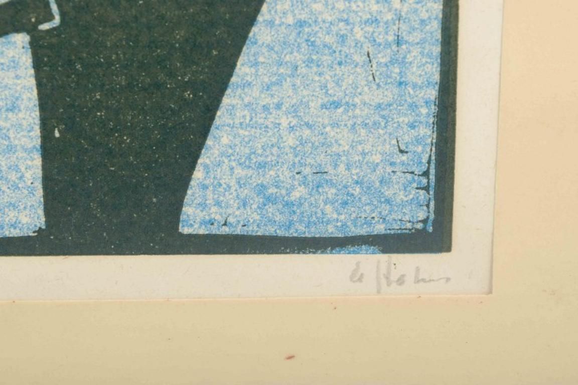 åke Holm. Color Woodcut On Paper. Composition With Man In Tree. Mid 20th C photo Art