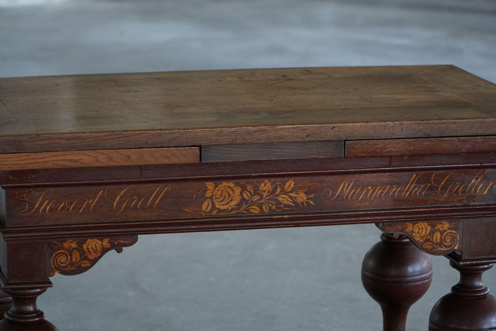 Extendable Oak Table With Intarsia, Baroque, Danish Cabinetmaker, 19th Century photo vintage