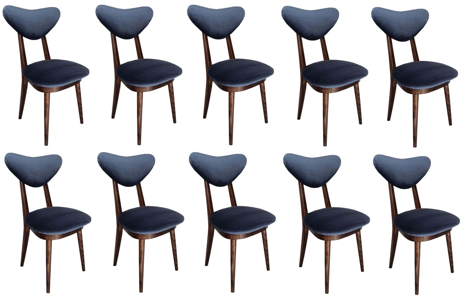 Set Of Ten Mid Century Blue Velvet, Walnut Wood, Heart Chairs, Poland, 1960s  1 photo furniture