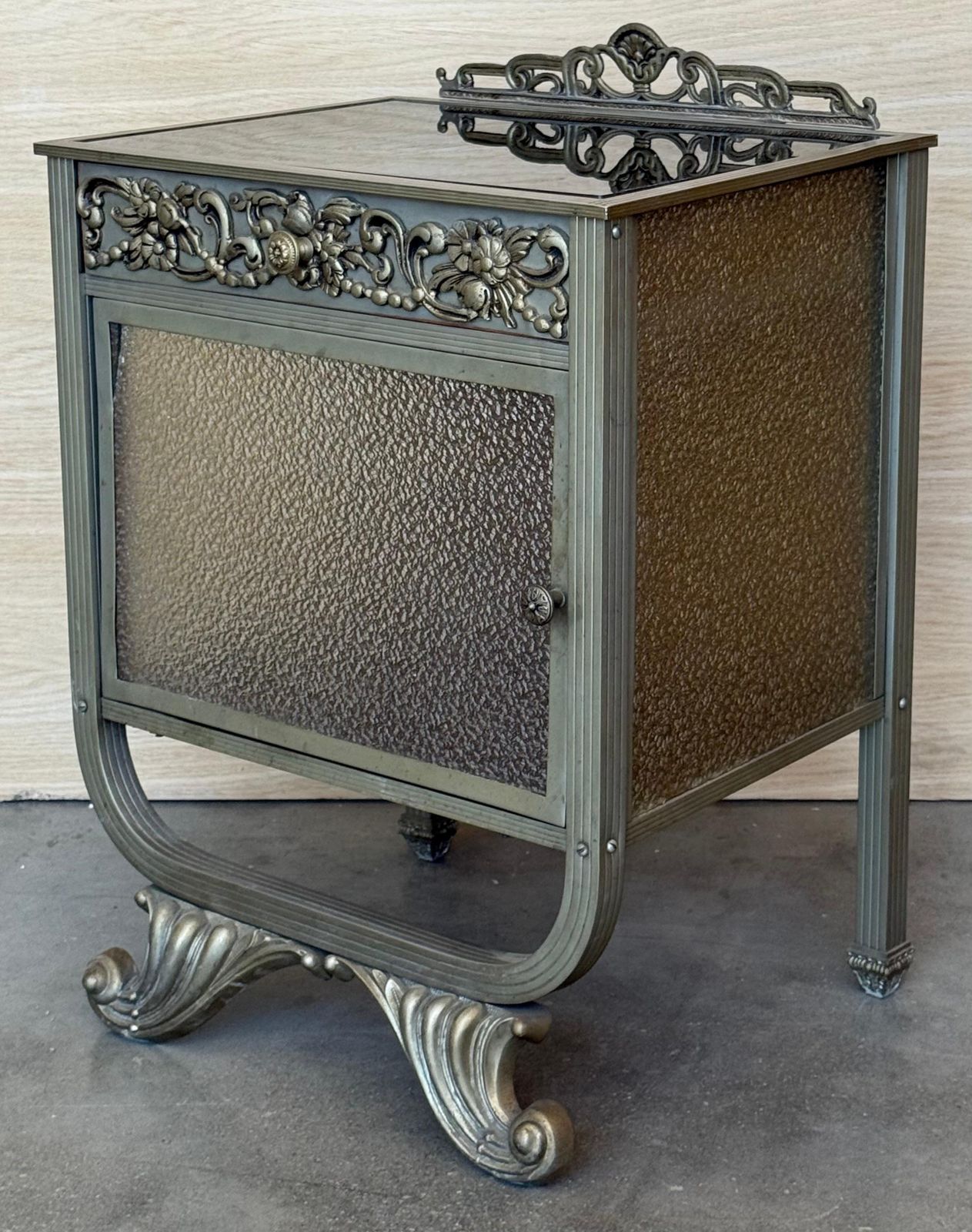 Art Deco Pair Of Metal Nightstands With Original Crystal Door photo vinterior