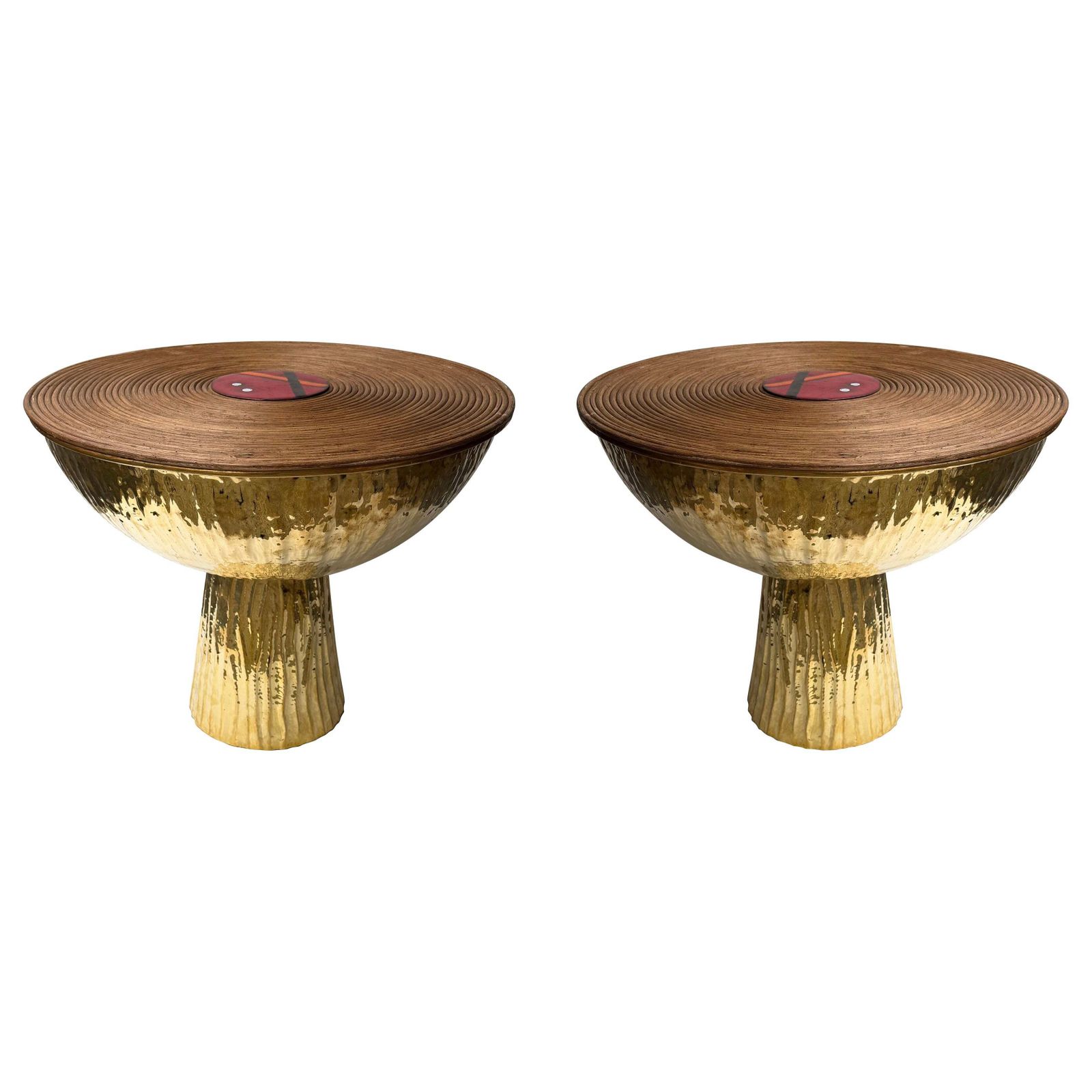 Contemporary Pair Of Hammered Brass Rattan Enamel Metal Side Tables, Italy