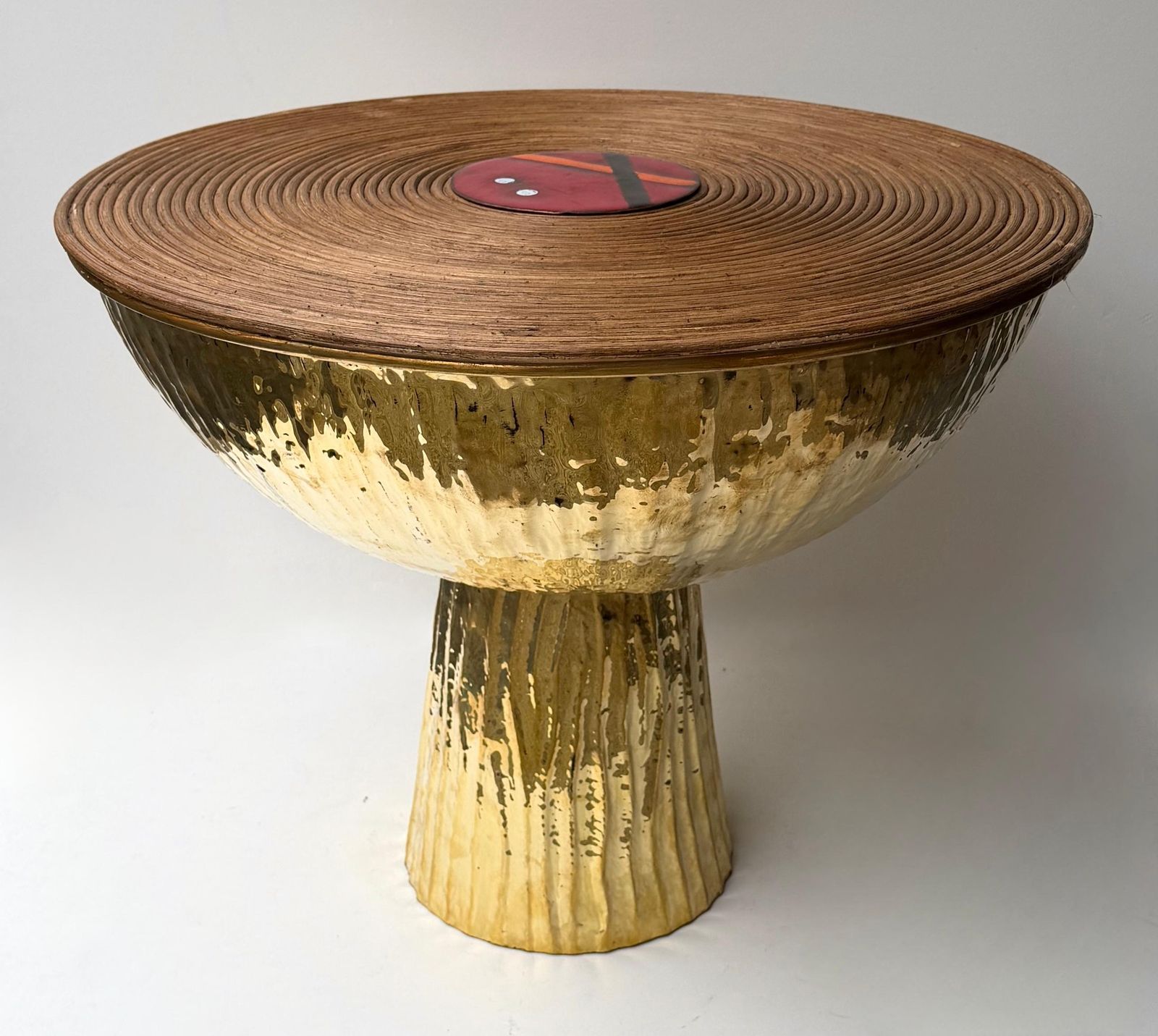 photo furniture Contemporary Pair Of Hammered Brass Rattan Enamel Metal Side Tables, Italy