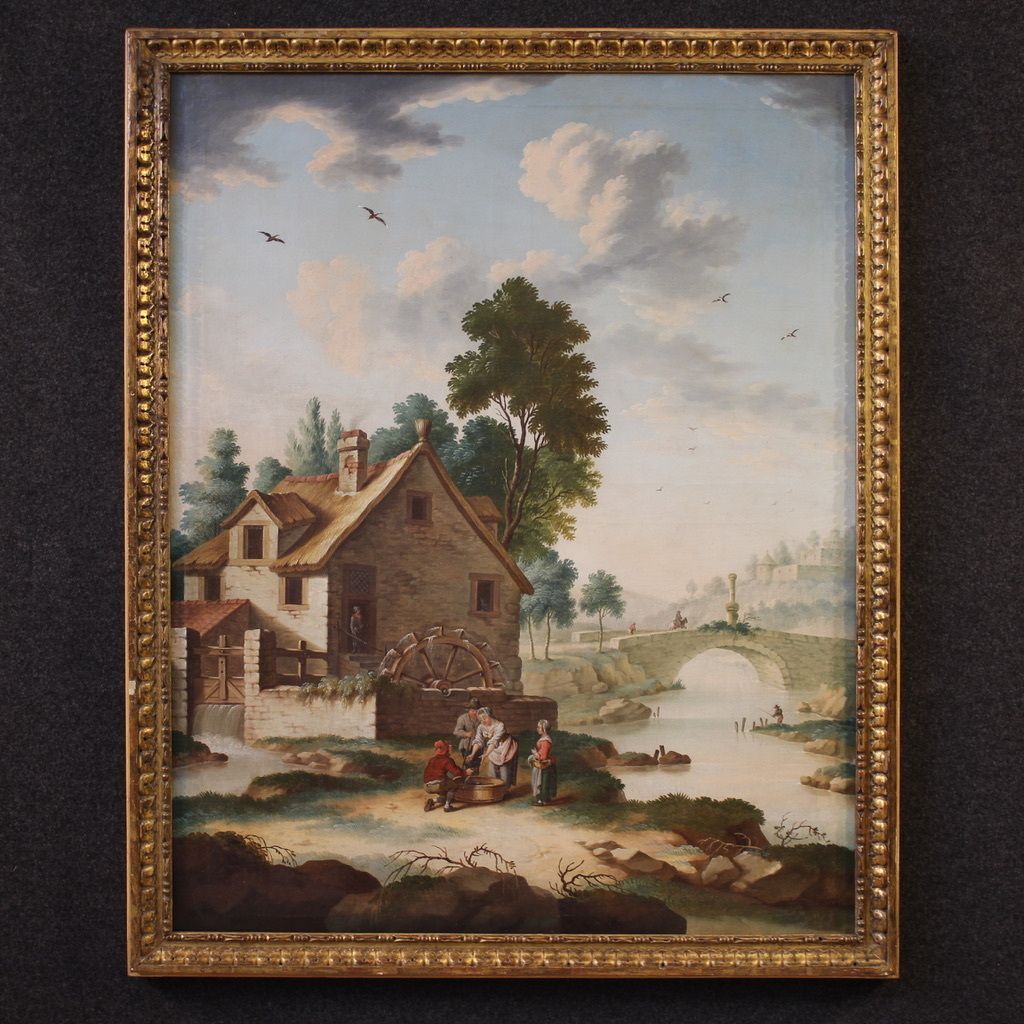 Great 18th Century Italian Painting, Countryside Landscape With Genre Scene