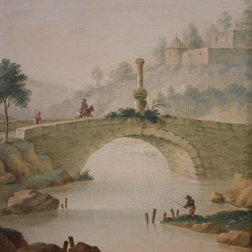 photo vinterior Great 18th Century Italian Painting, Countryside Landscape With Genre Scene