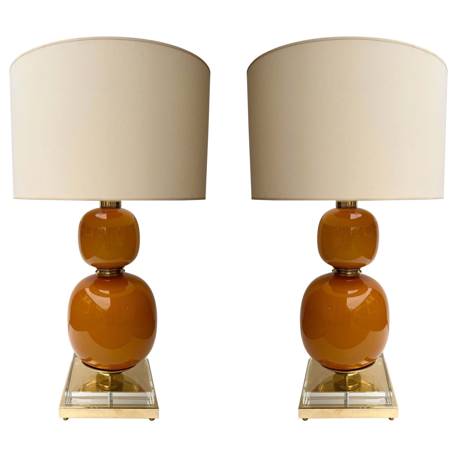 Contemporary Pair Of Brass And Orange Murano Glass Bulbs Lamps, Italy
