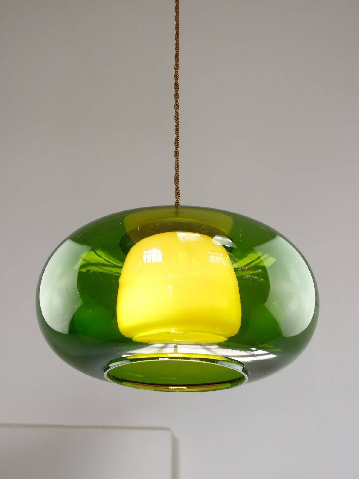 photo furniture Mid Century Italian Green Glass & Brass Pendant Lamp, 60s