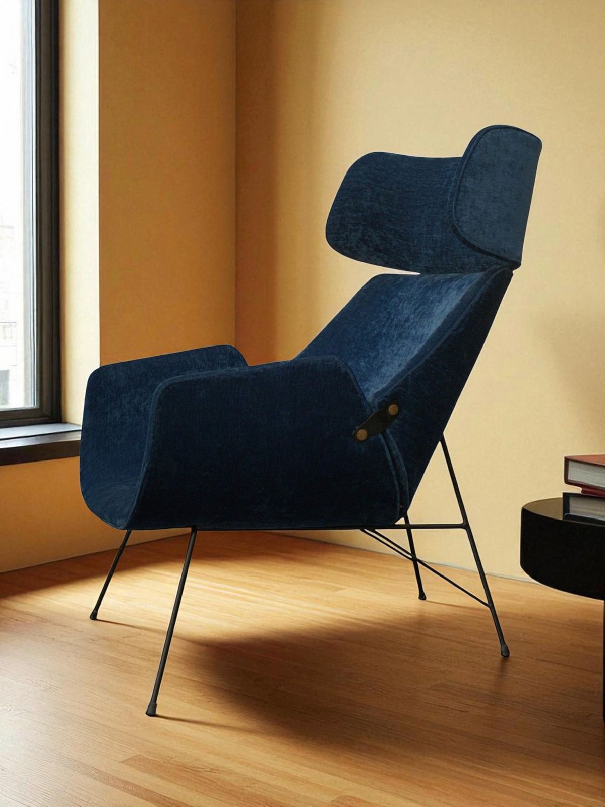 photo furniture Augusto Bozzi For Saporiti Blue Fabric Armchair, Italy 1950s