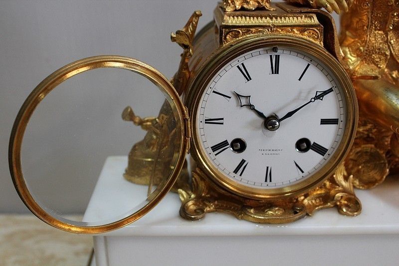 Beautiful Bronze And Marble Clock, 19th Century photo vintage