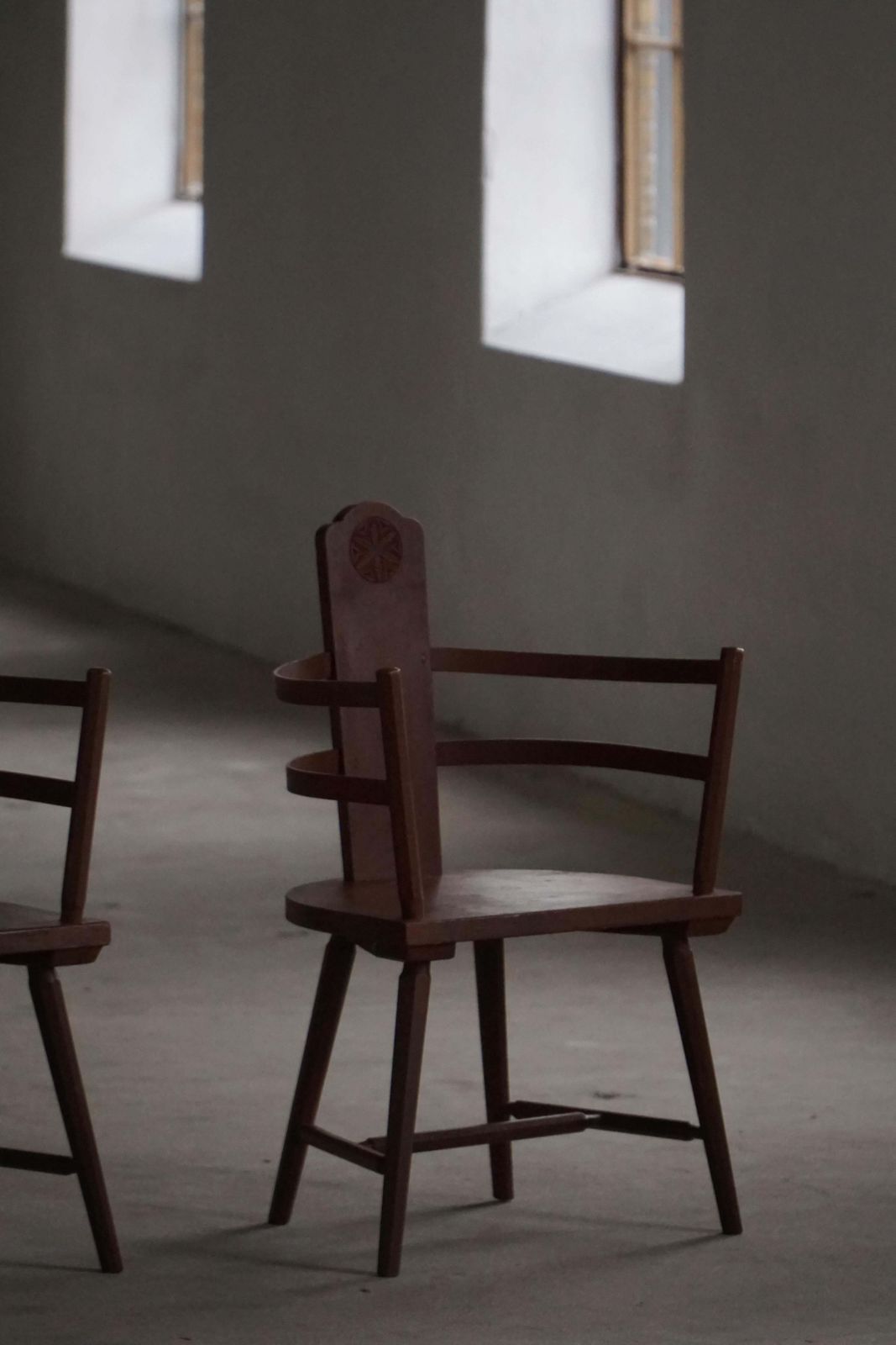 Pair Of Scandinavian Wooden Folk Art Armchairs With Hand Carved Motifs, 1920s photo vinterior