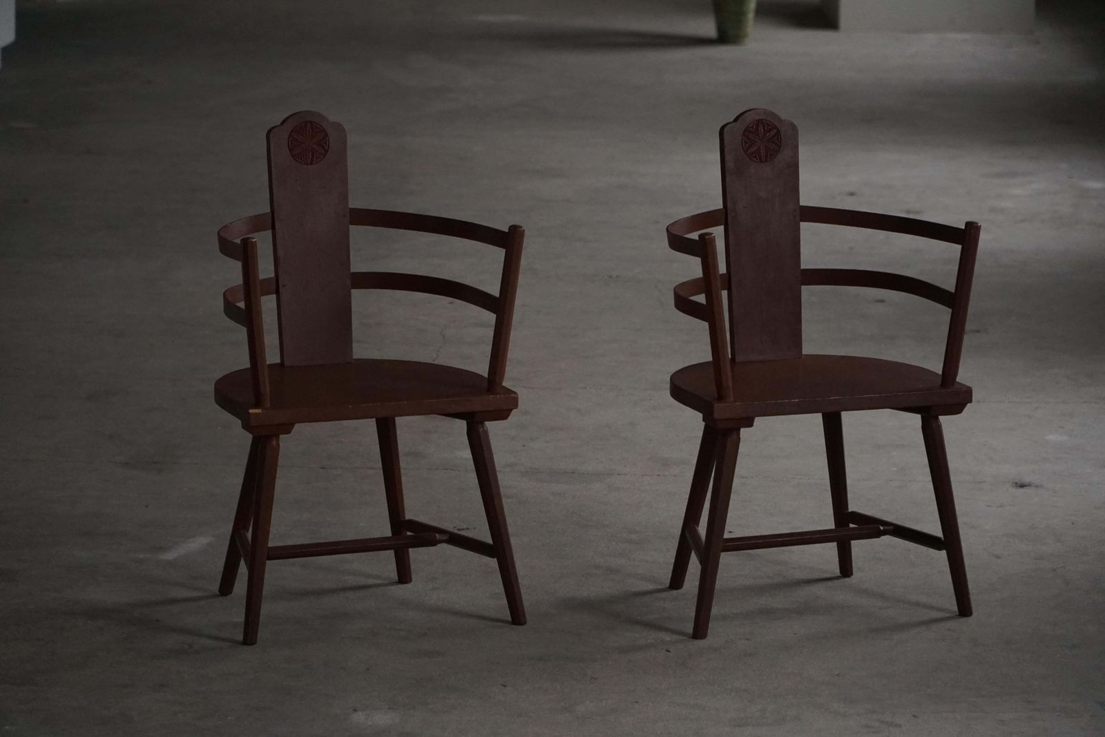 photo buy Pair Of Scandinavian Wooden Folk Art Armchairs With Hand Carved Motifs, 1920s
