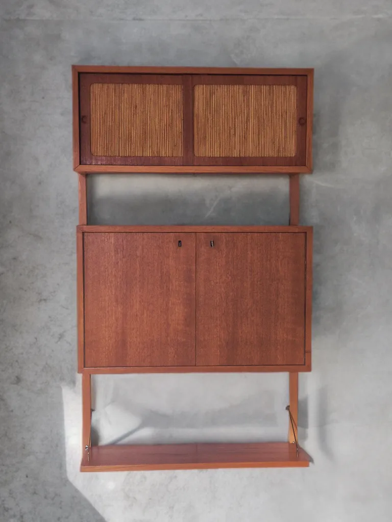 Wall Unit In Teak With Bar Cabinet, Scandinavian Mid Century 1960s photo for sale
