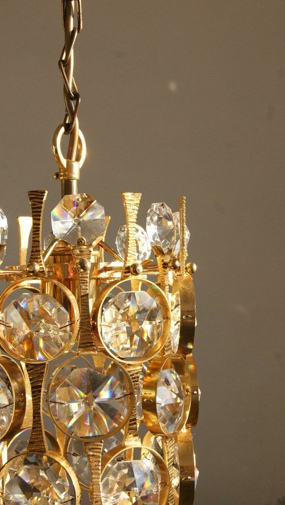 Hollywood Regency Brass & Crystal Glass Ceiling Lamp By Christoph Palme For Palwa photo furniture