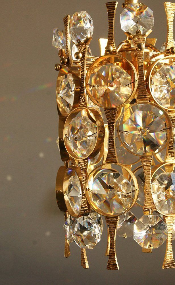 Hollywood Regency Brass & Crystal Glass Ceiling Lamp By Christoph Palme For Palwa photo for sale