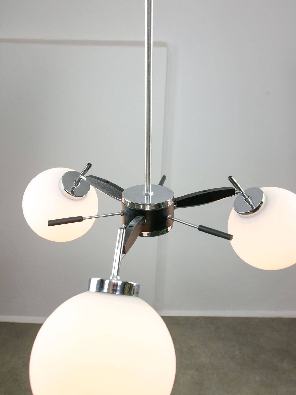 Lighting Space Age Italian Chrome And Opaline Chandelier, 1970s photo
