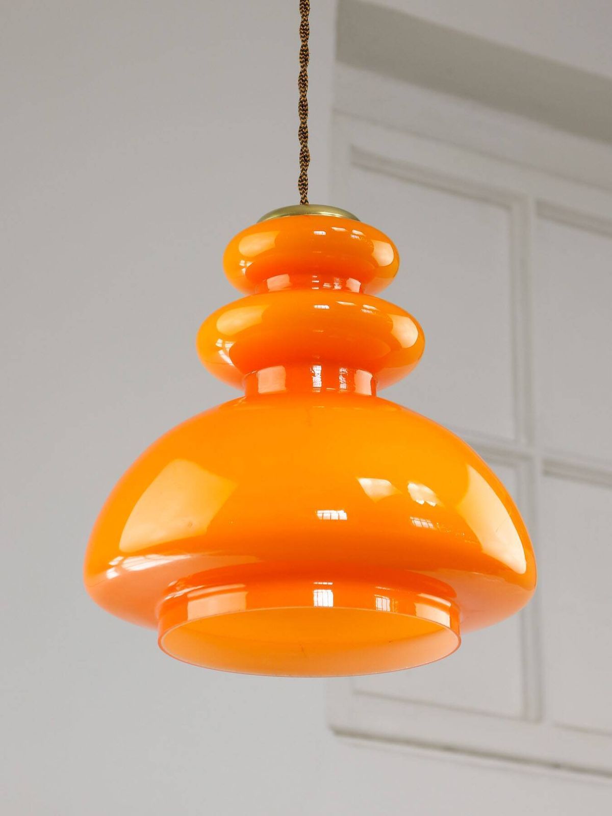 Mid Century Italian Orange Glass & Brass Pendant Lamp, 60s photo furniture