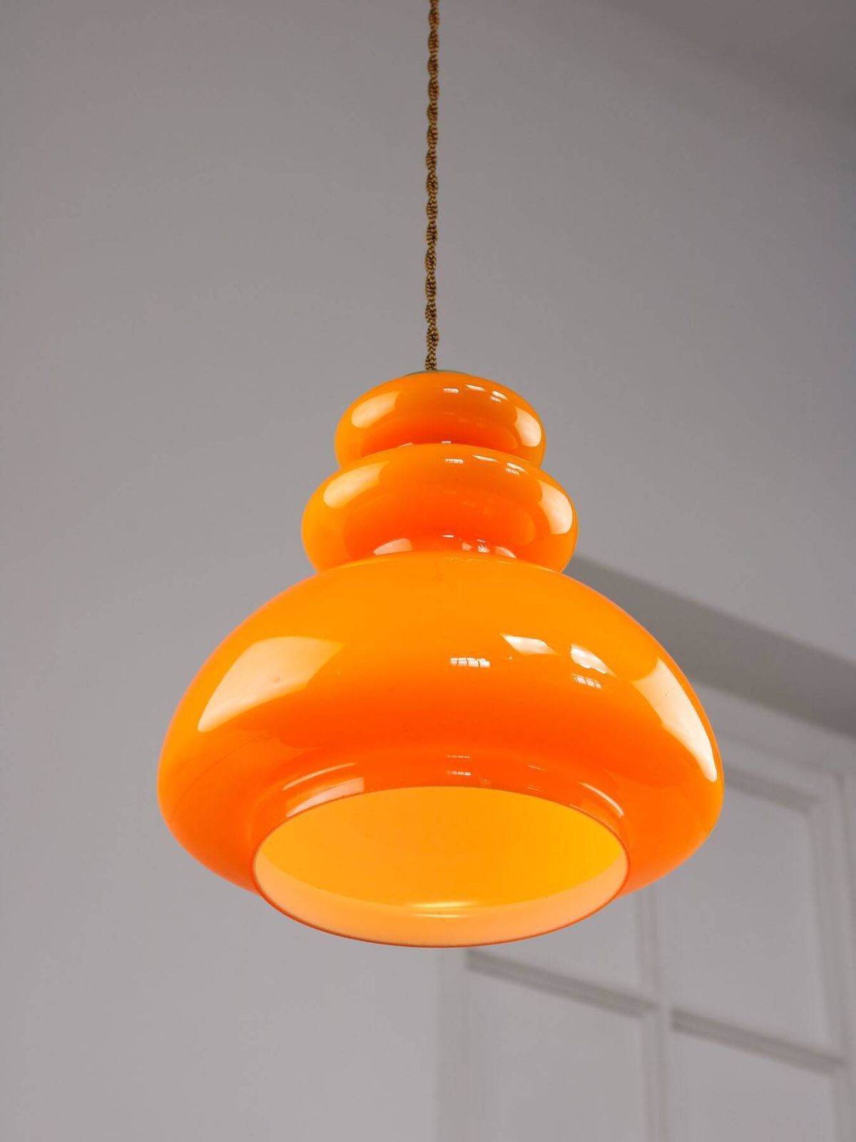 Mid Century Italian Orange Glass & Brass Pendant Lamp, 60s photo Lighting