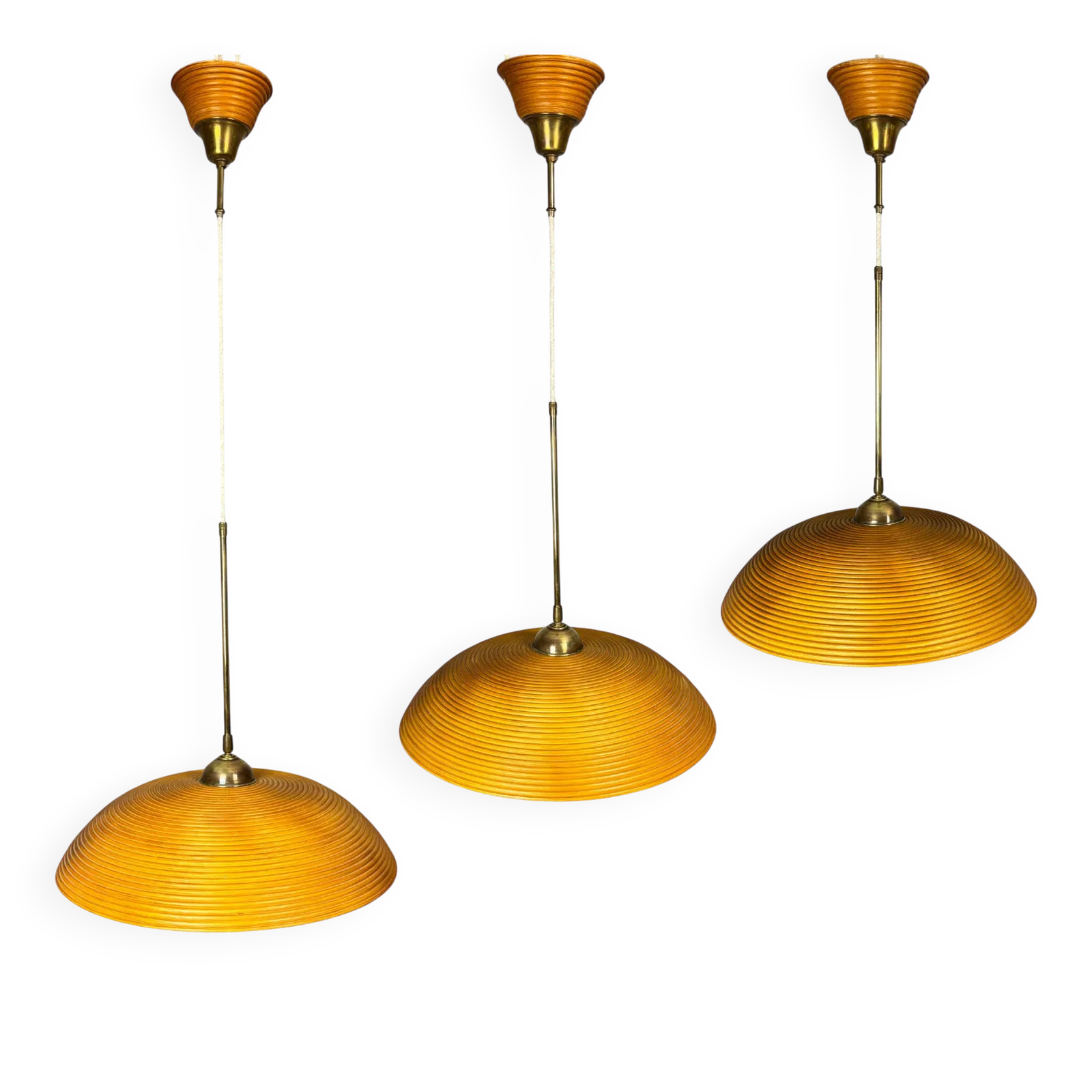 Set Of 3 Midcentury Rattan Bamboo Pencil Reed Hanging Pendants, Italy 1970s