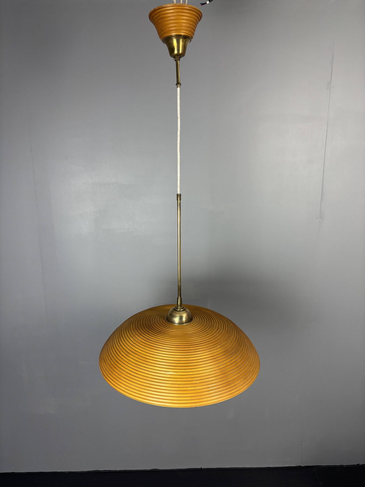 Set Of 3 Midcentury Rattan Bamboo Pencil Reed Hanging Pendants, Italy 1970s photo for sale
