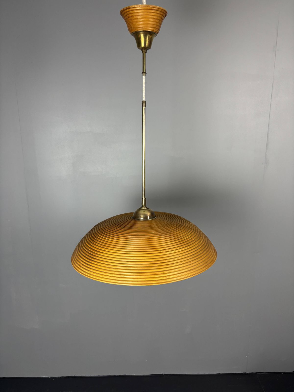 Set Of 3 Midcentury Rattan Bamboo Pencil Reed Hanging Pendants, Italy 1970s photo 1947.0