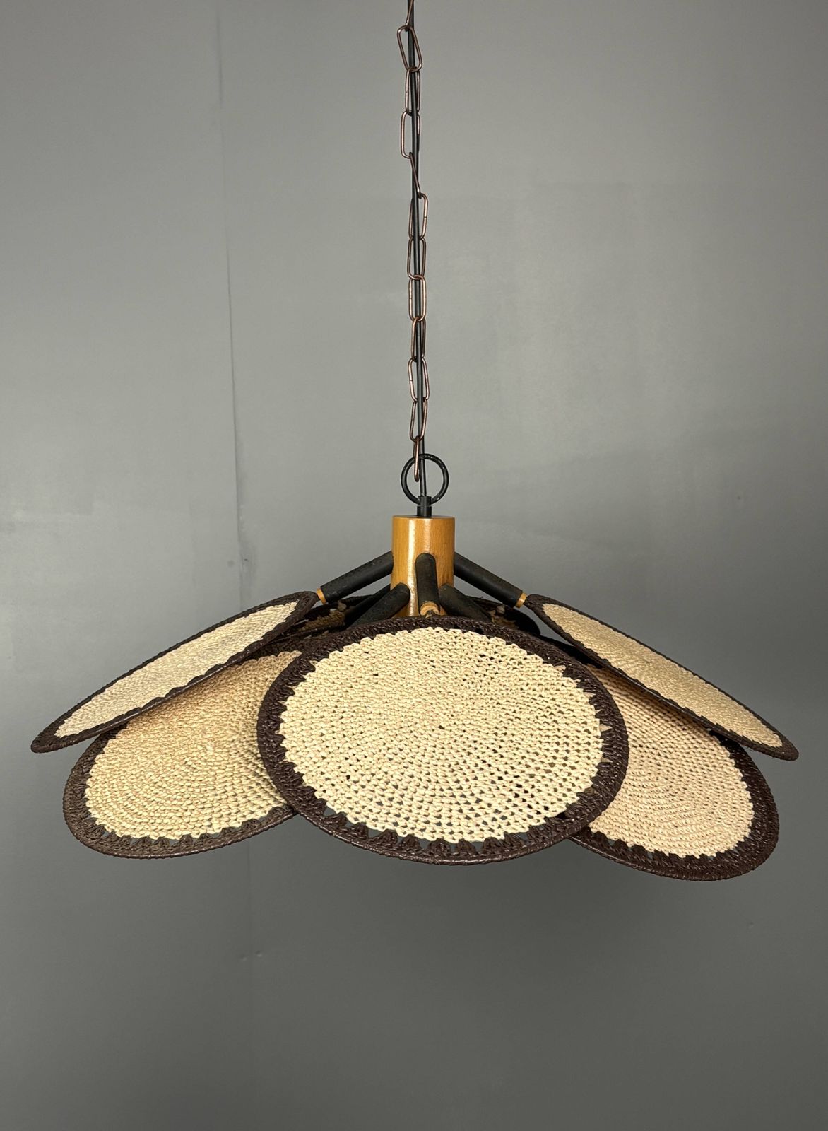Midcentury Uchiwa Fan Macrame Fiber Rattan Hanging Pendant Lamp, 1970s photo furniture