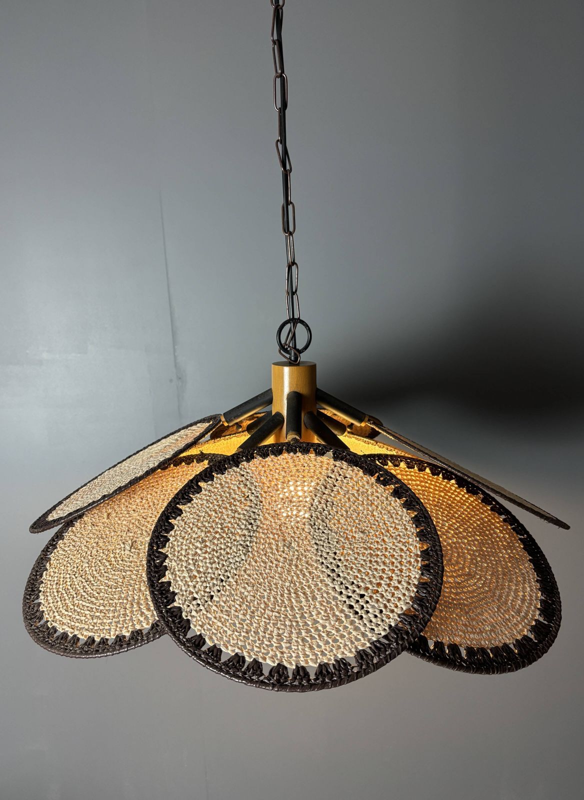 Midcentury Uchiwa Fan Macrame Fiber Rattan Hanging Pendant Lamp, 1970s photo for sale