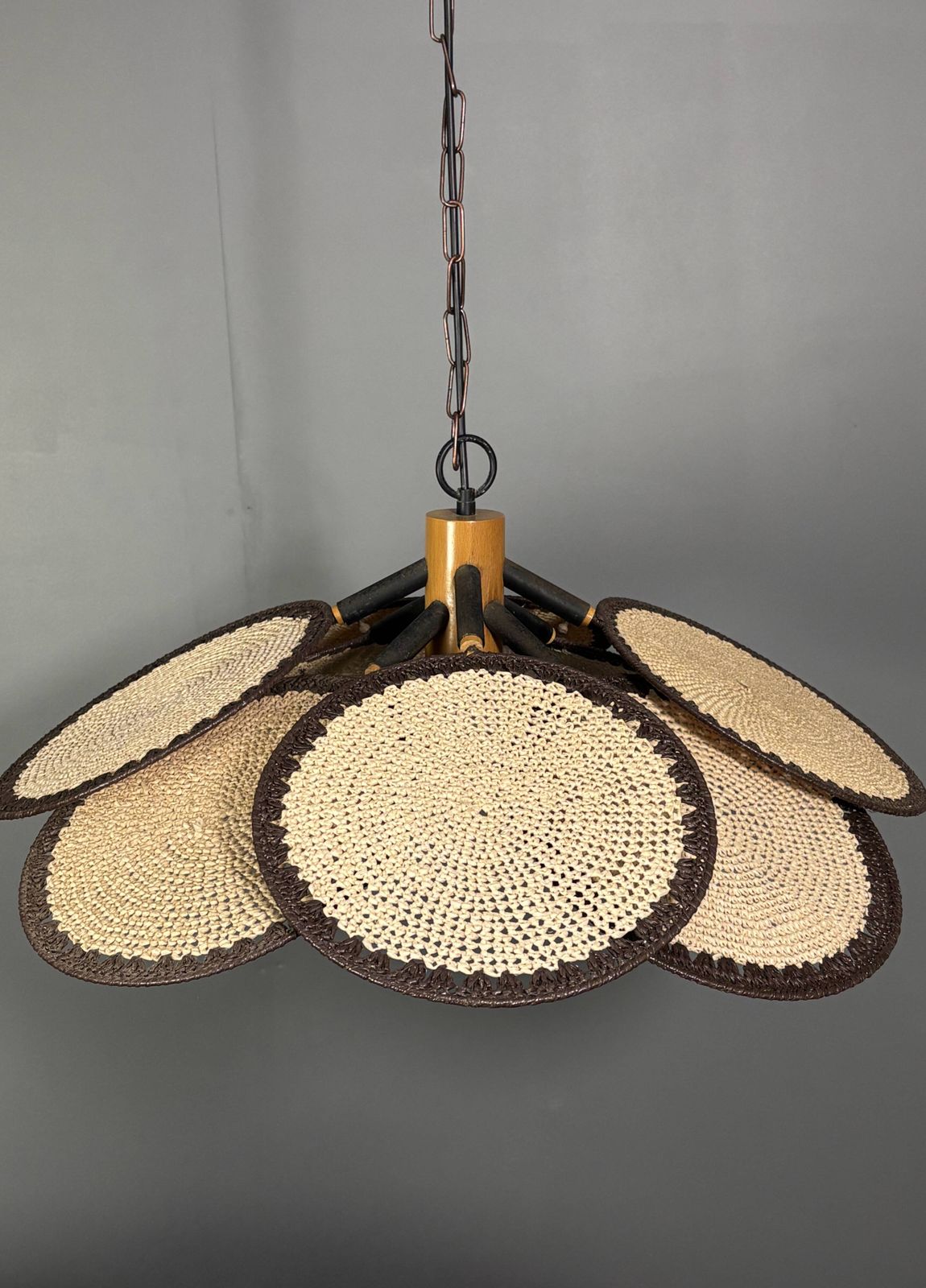 photo furniture Midcentury Uchiwa Fan Macrame Fiber Rattan Hanging Pendant Lamp, 1970s