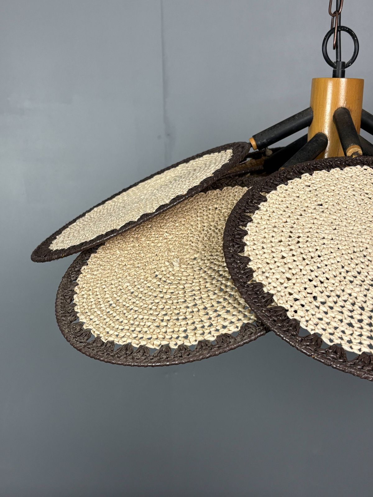 Lighting Midcentury Uchiwa Fan Macrame Fiber Rattan Hanging Pendant Lamp, 1970s photo