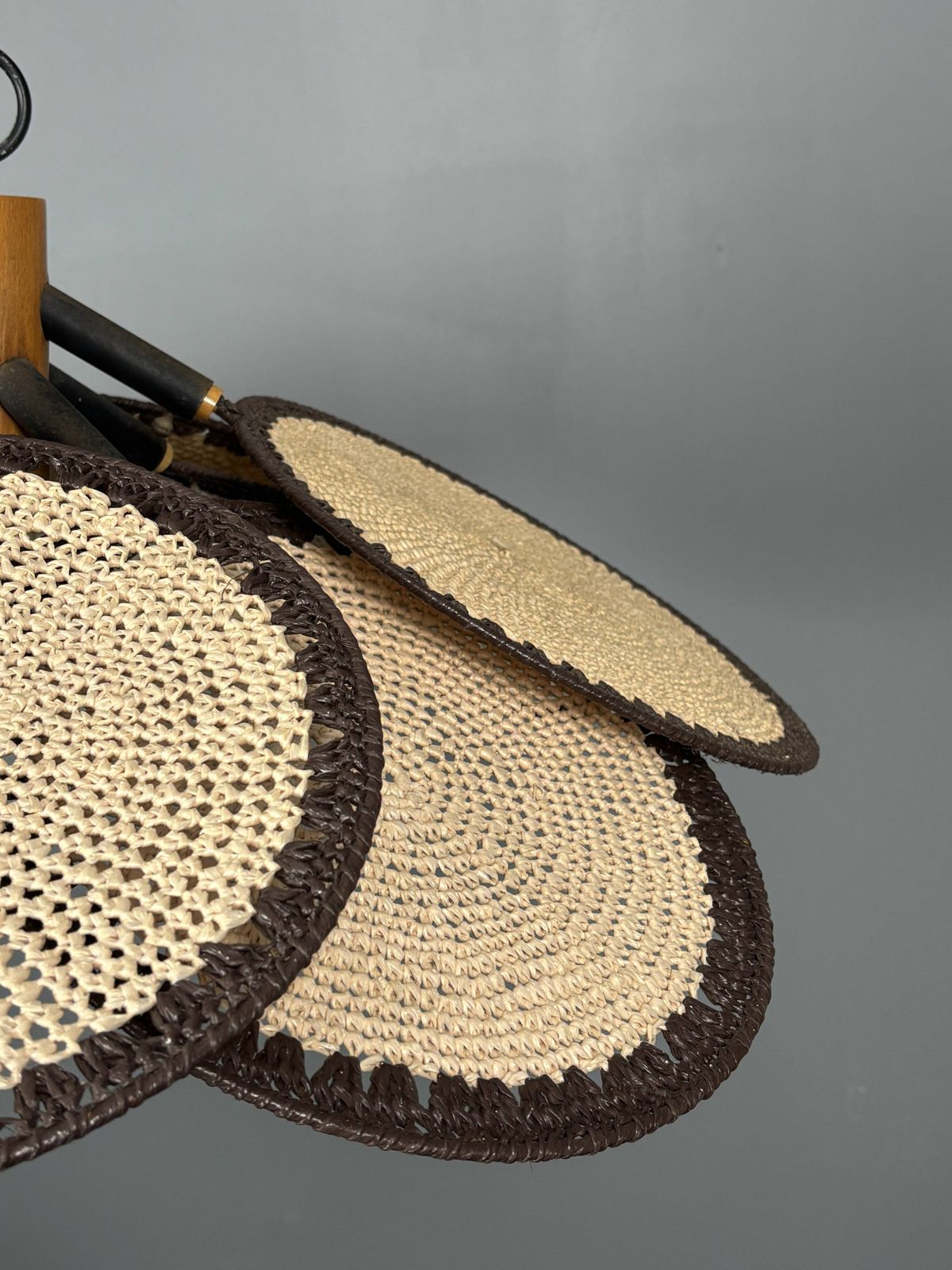 1079.0 Midcentury Uchiwa Fan Macrame Fiber Rattan Hanging Pendant Lamp, 1970s photo