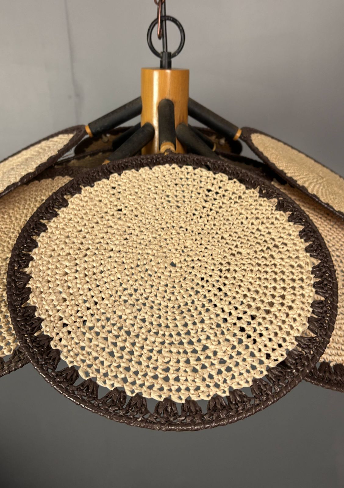 photo vinterior Midcentury Uchiwa Fan Macrame Fiber Rattan Hanging Pendant Lamp, 1970s