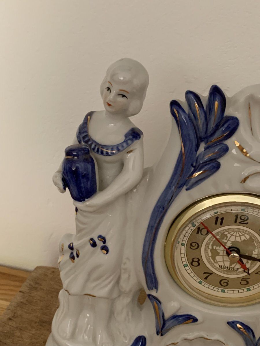 Vintage Porcelain Figure Quartz Fireplace Clock, 1940s photo buy