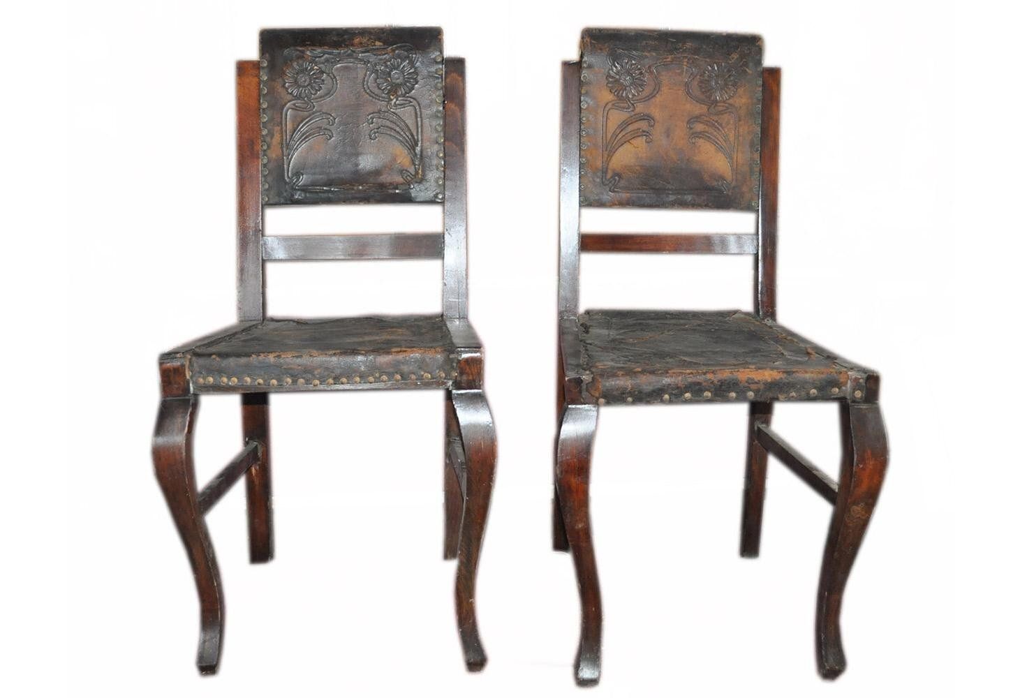 Set Of Antique Embossed Leather Dining Chairs, 1900s photo furniture