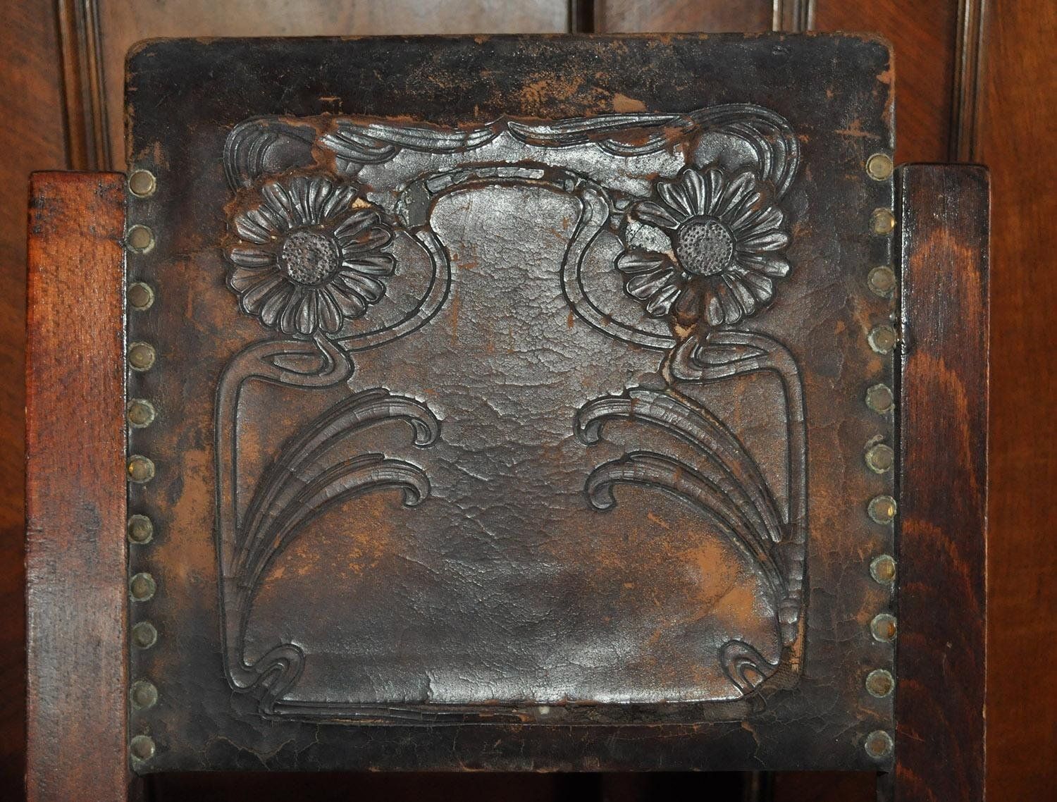 Set Of Antique Embossed Leather Dining Chairs, 1900s photo 933.0