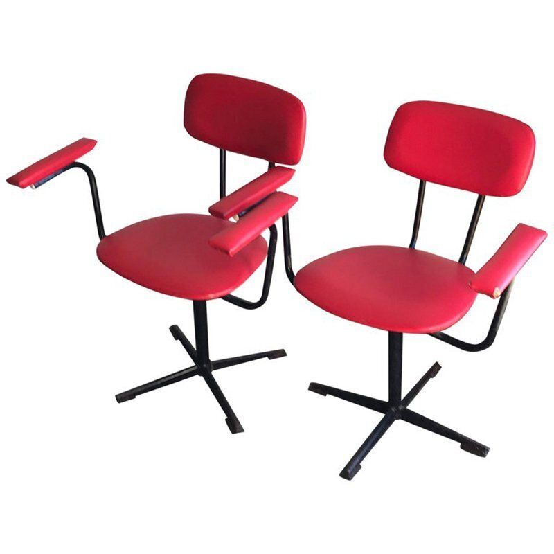 Set Of Red & Black Desk Chairs, 1960s