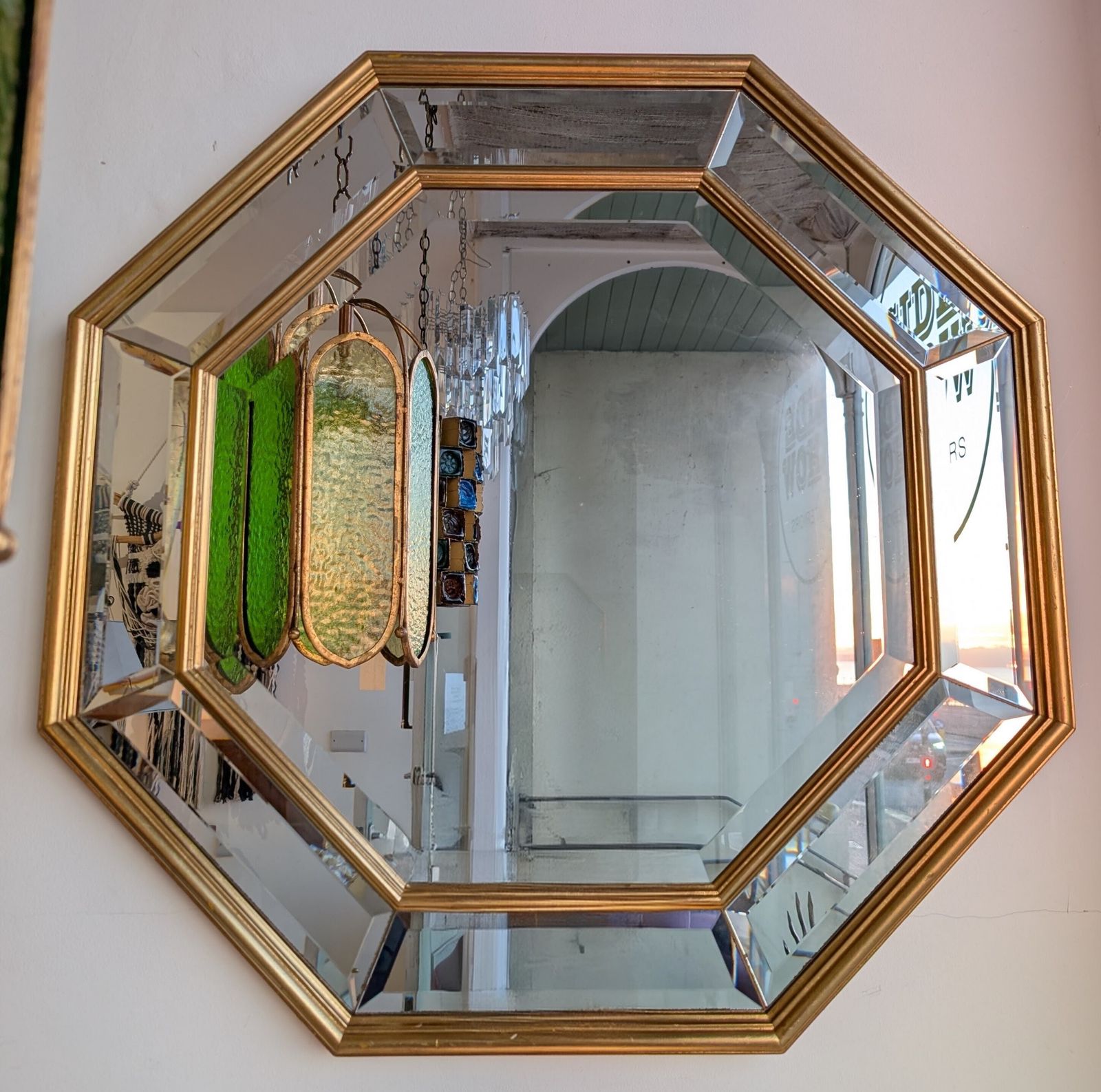 Vintage Midcentury Gold Octagonal Bevelled Mirror By Deknudt, Belgium, 1970s photo vintage