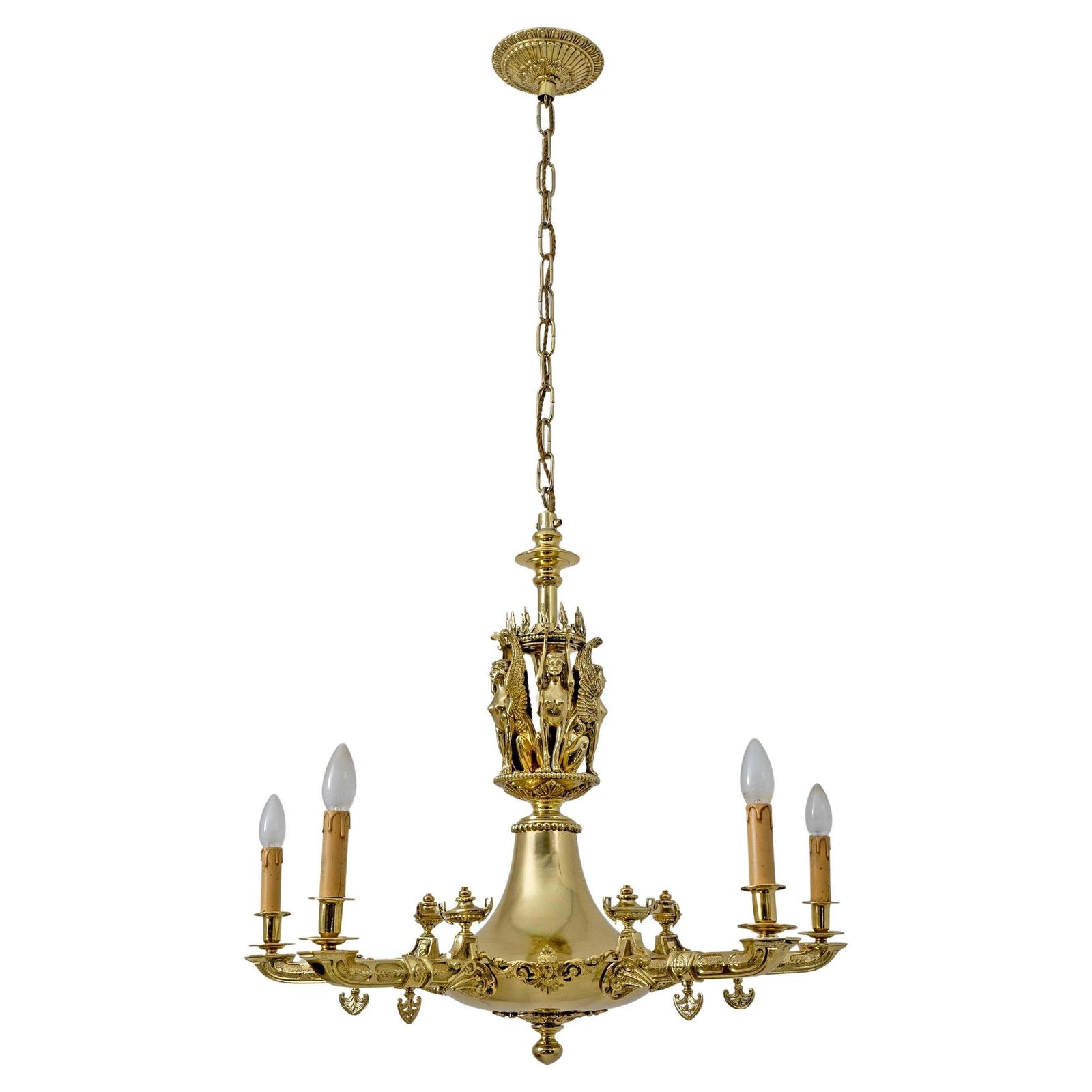 Empire Style Gilt Bronze Chandelier With Winged Figures – Italy, Early 19th