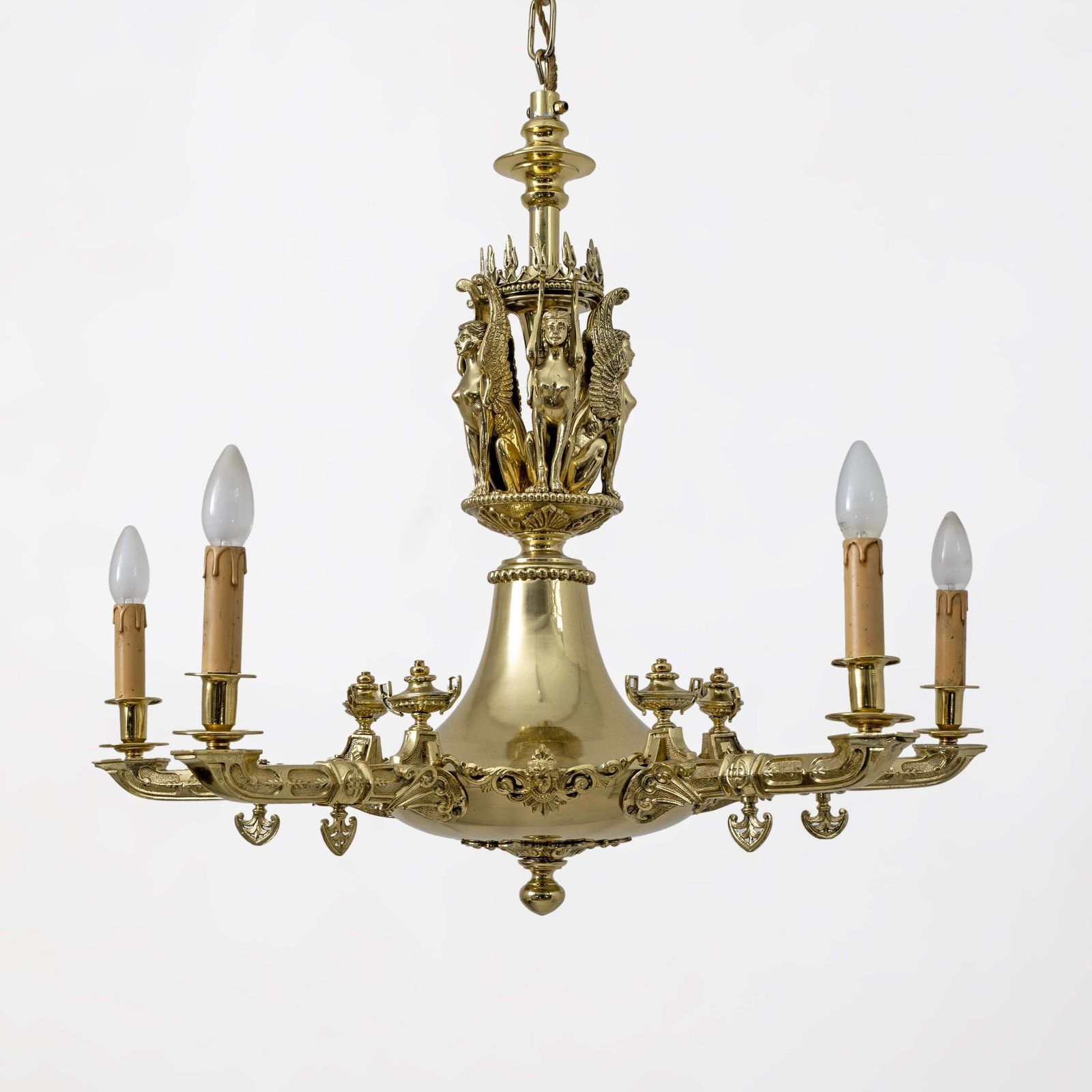 Empire Style Gilt Bronze Chandelier With Winged Figures – Italy, Early 19th photo for sale