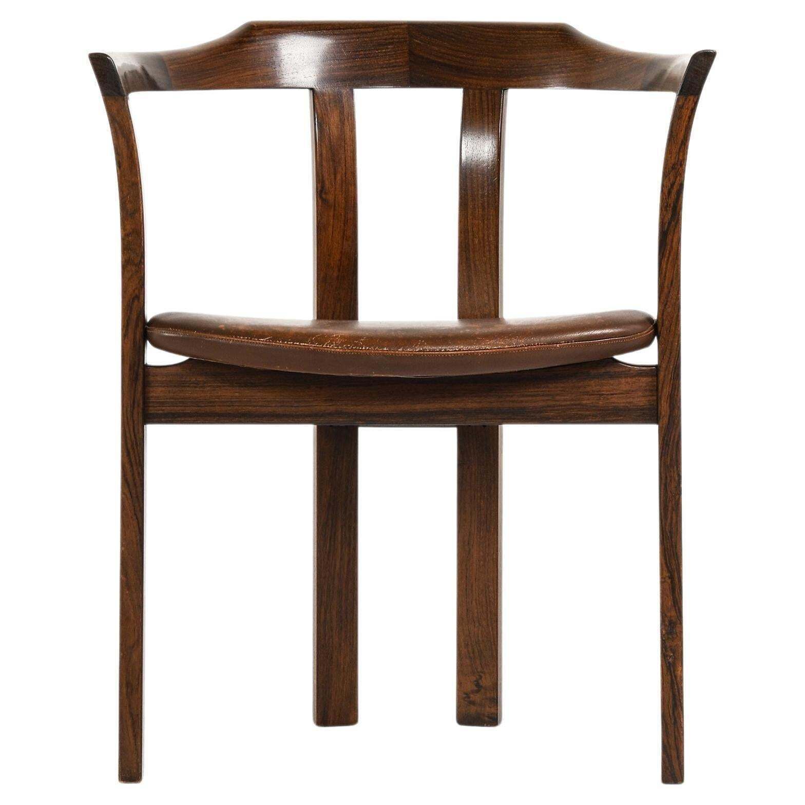Armchair In Rosewood And Original Brown Leather By Hans Olsen, 1960's