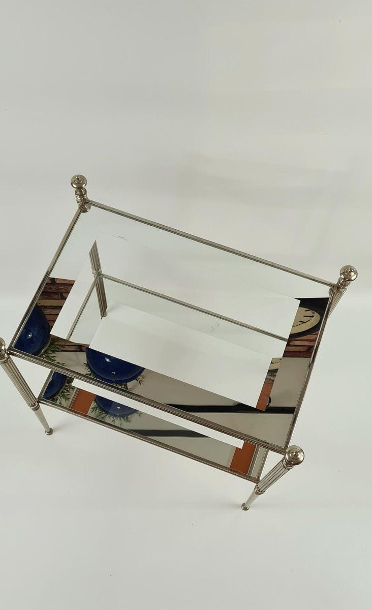 Furniture Side Table In Silver Plated Brass And Eglomise Glass, France, 1950s photo
